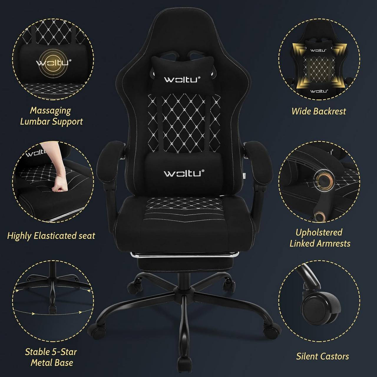 24goodz Gaming Chair with Massage Function - Ergonomic Design - Durable Mesh Fabric - For Gamers - Black