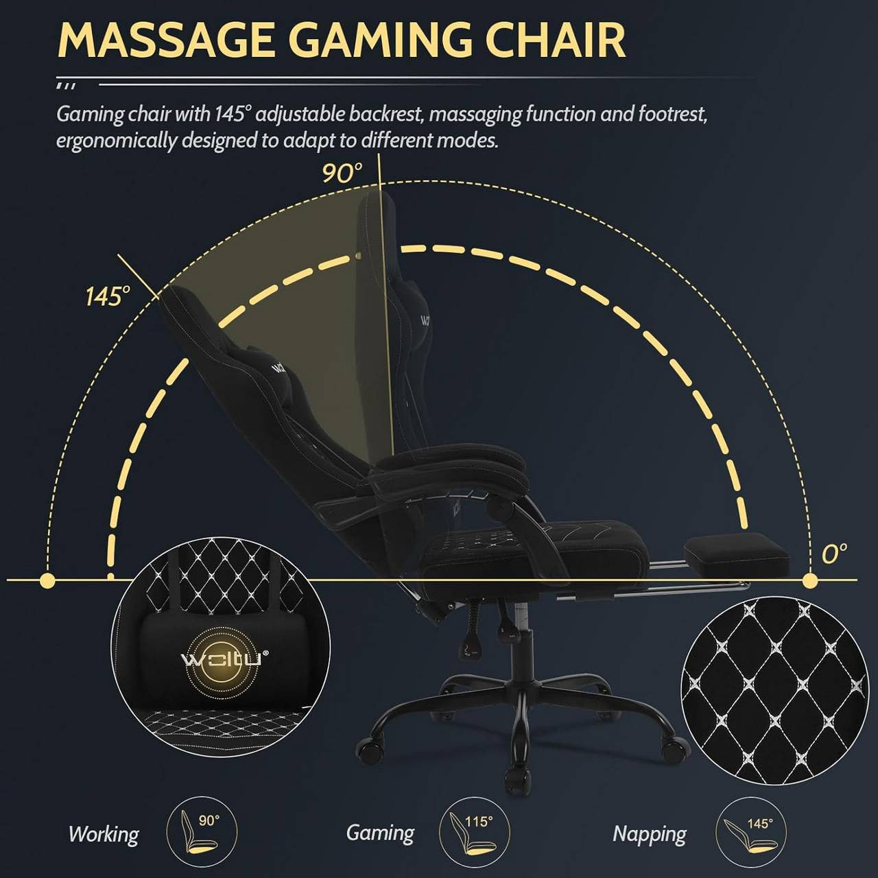 24goodz Gaming Chair with Massage Function - Ergonomic Design - Durable Mesh Fabric - For Gamers - Black