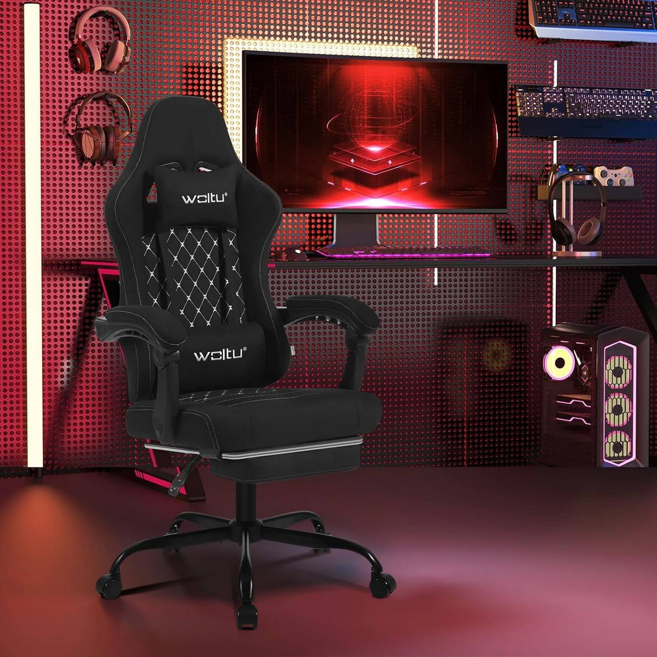 24goodz Gaming Chair with Massage Function - Ergonomic Design - Durable Technical Fabric - For Gamers - Black