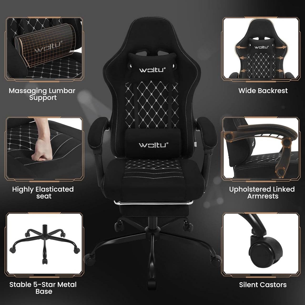 24goodz Gaming Chair with Massage Function - Ergonomic Design - Durable Technical Fabric - For Gamers - Black
