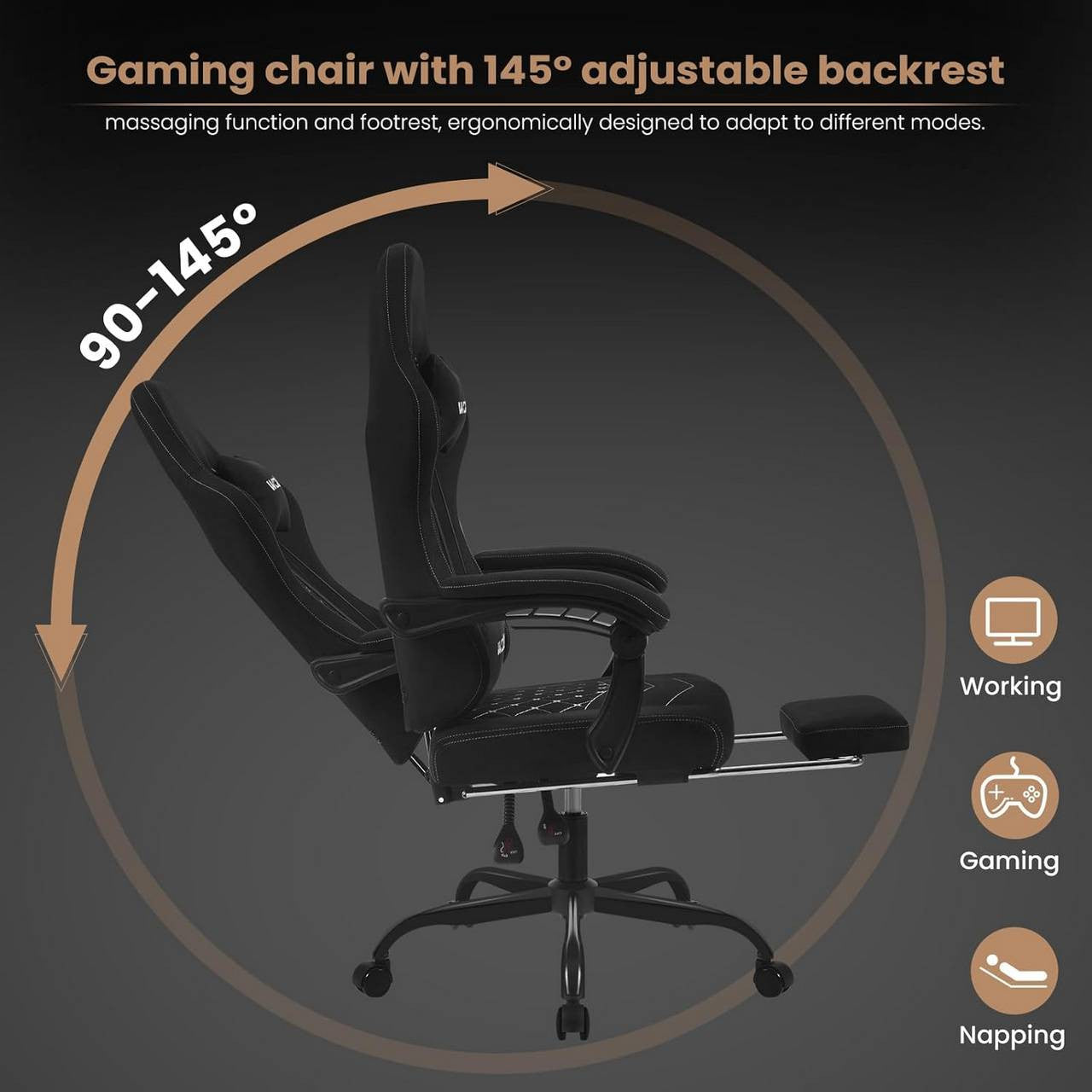 24goodz Gaming Chair with Massage Function - Ergonomic Design - Durable Technical Fabric - For Gamers - Black