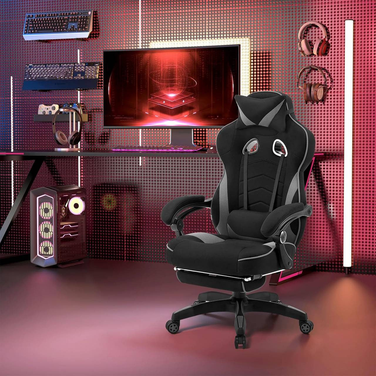 24goodz Gaming Chair with Lumbar Support - Ergonomic Design - Durable Mesh Material - For Gamers - Grey