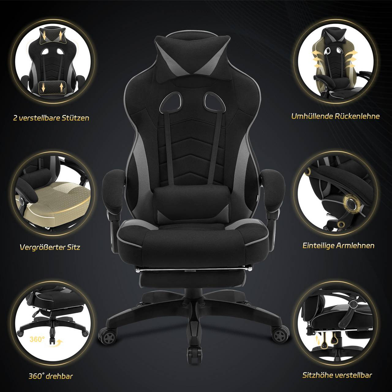 24goodz Gaming Chair with Lumbar Support - Ergonomic Design - Durable Mesh Material - For Gamers - Grey