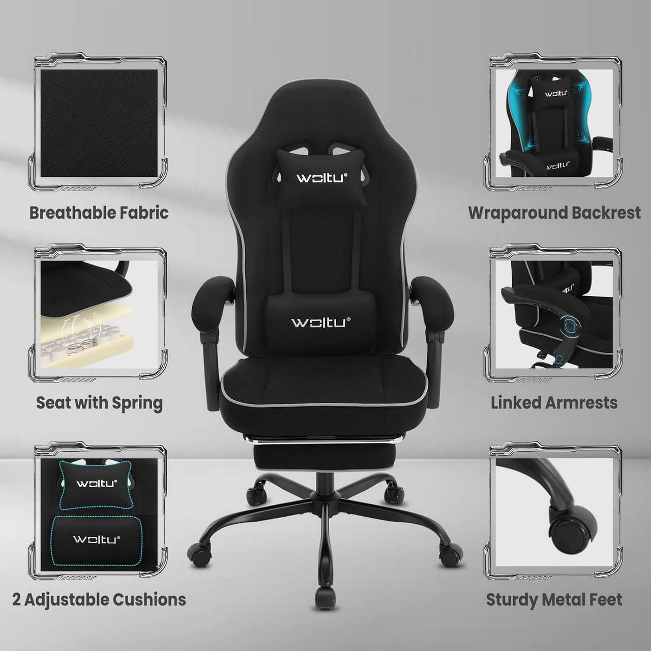 24goodz Gaming Chair with Pocket Spring Cushion - Breathable Comfort - Ergonomic Design - Metal Frame - For Gamers - Black