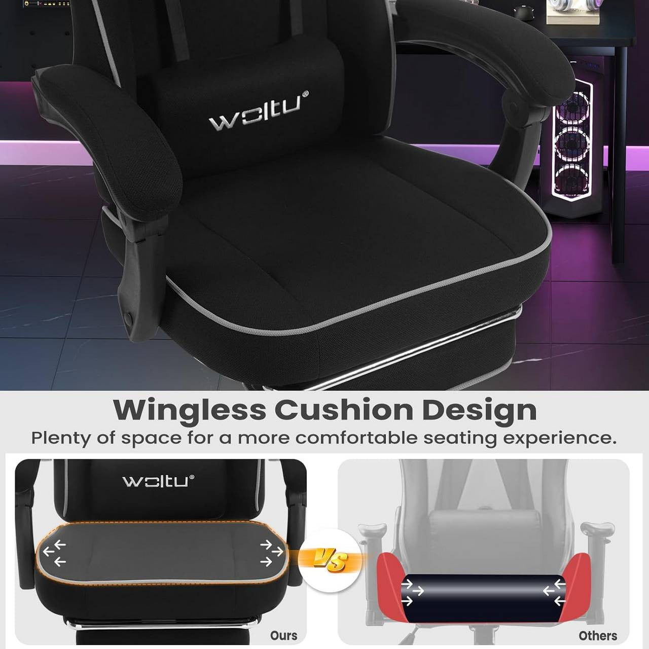 24goodz Gaming Chair with Pocket Spring Cushion - Breathable Comfort - Ergonomic Design - Metal Frame - For Gamers - Black