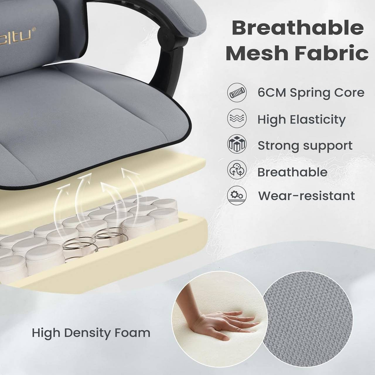 24goodz Gaming Chair with Pocket Spring Cushion - Breathable Comfort - Ergonomic Design - Metal Frame - For Gamers - Grey