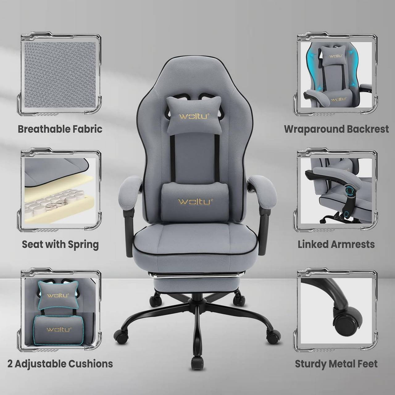 24goodz Gaming Chair with Pocket Spring Cushion - Breathable Comfort - Ergonomic Design - Metal Frame - For Gamers - Grey
