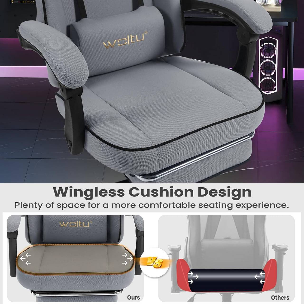 24goodz Gaming Chair with Pocket Spring Cushion - Breathable Comfort - Ergonomic Design - Metal Frame - For Gamers - Grey