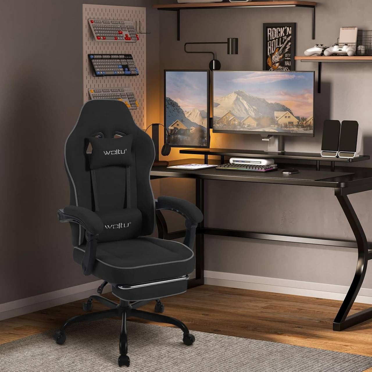 24goodz Gaming Chair with Pocket Spring Cushion - Ergonomic Design - Durable Tech Fabric - For Gamers and Home Office - Black