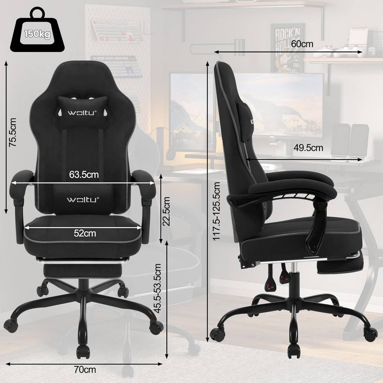 24goodz Gaming Chair with Pocket Spring Cushion - Ergonomic Design - Durable Tech Fabric - For Gamers and Home Office - Black