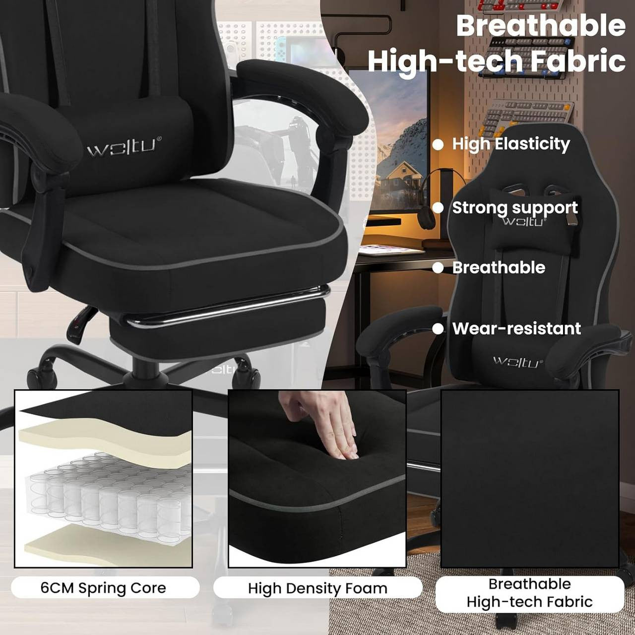 24goodz Gaming Chair with Pocket Spring Cushion - Ergonomic Design - Durable Tech Fabric - For Gamers and Home Office - Black