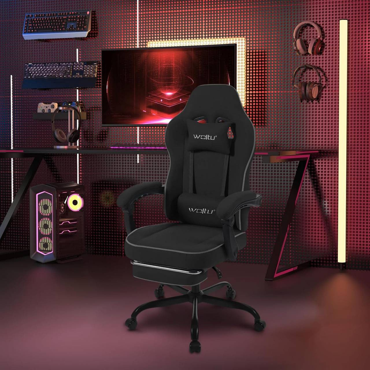 24goodz Gaming Chair with Pocket Spring Cushion - Ergonomic Design - Durable Tech Fabric - For Gamers and Home Office - Black