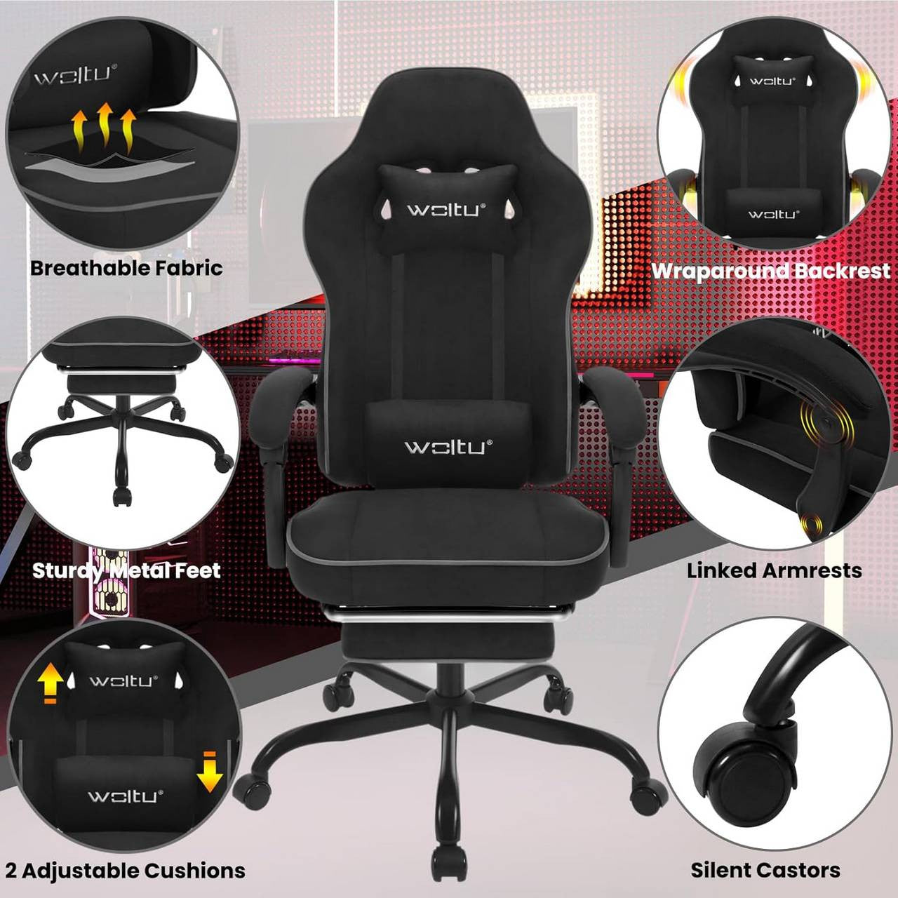 24goodz Gaming Chair with Pocket Spring Cushion - Ergonomic Design - Durable Tech Fabric - For Gamers and Home Office - Black
