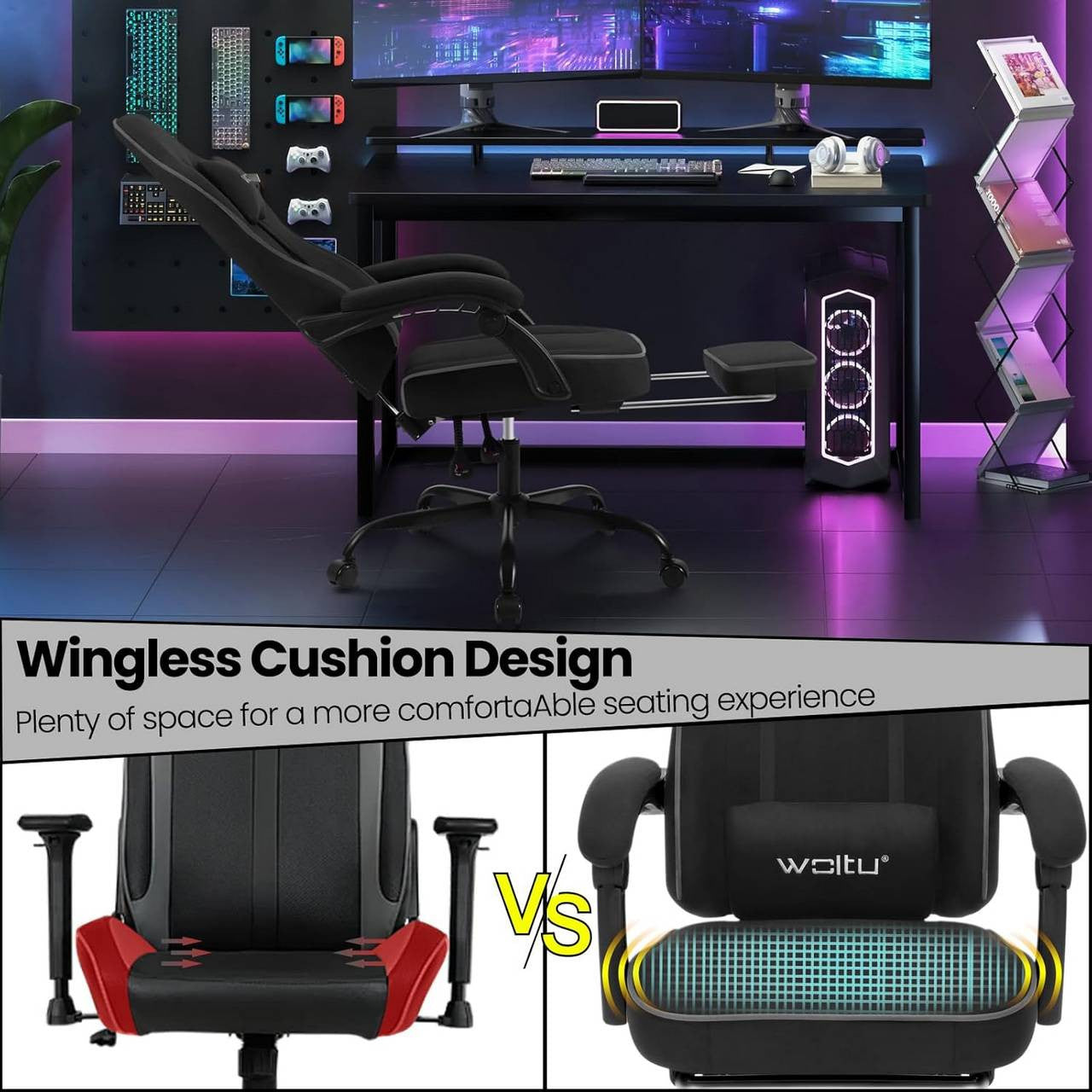 24goodz Gaming Chair with Pocket Spring Cushion - Ergonomic Design - Durable Tech Fabric - For Gamers and Home Office - Black