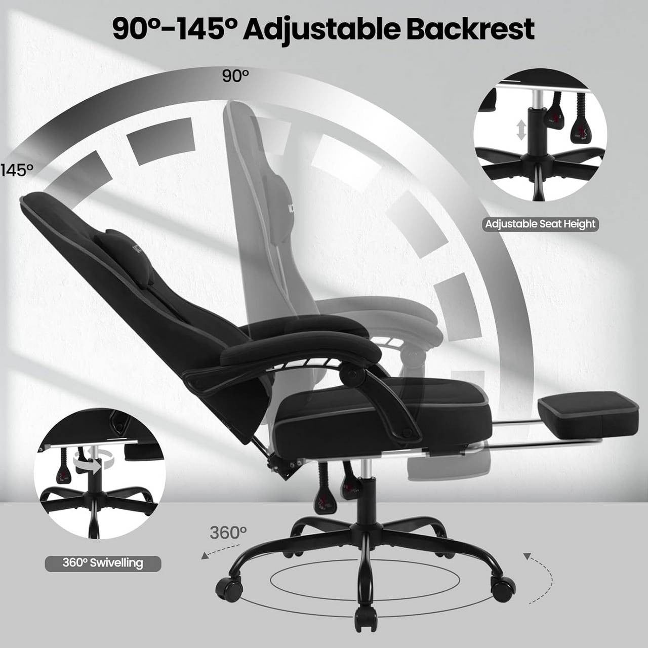 24goodz Gaming Chair with Pocket Spring Cushion - Ergonomic Design - Durable Tech Fabric - For Gamers and Home Office - Black