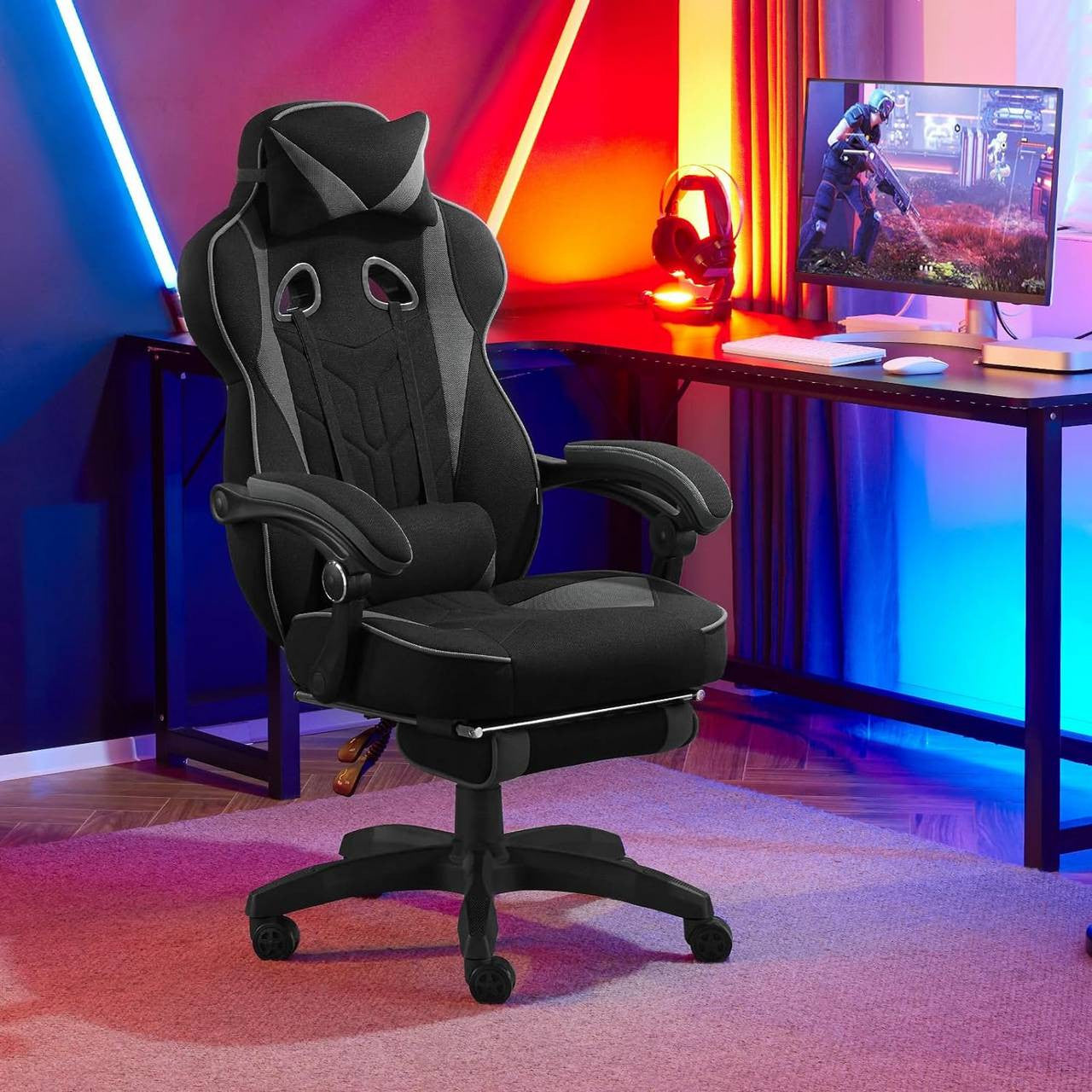 24goodz Gaming Chair - Breathable Fabric for Comfort - Ergonomic Design - Elastic Fabric - Grey