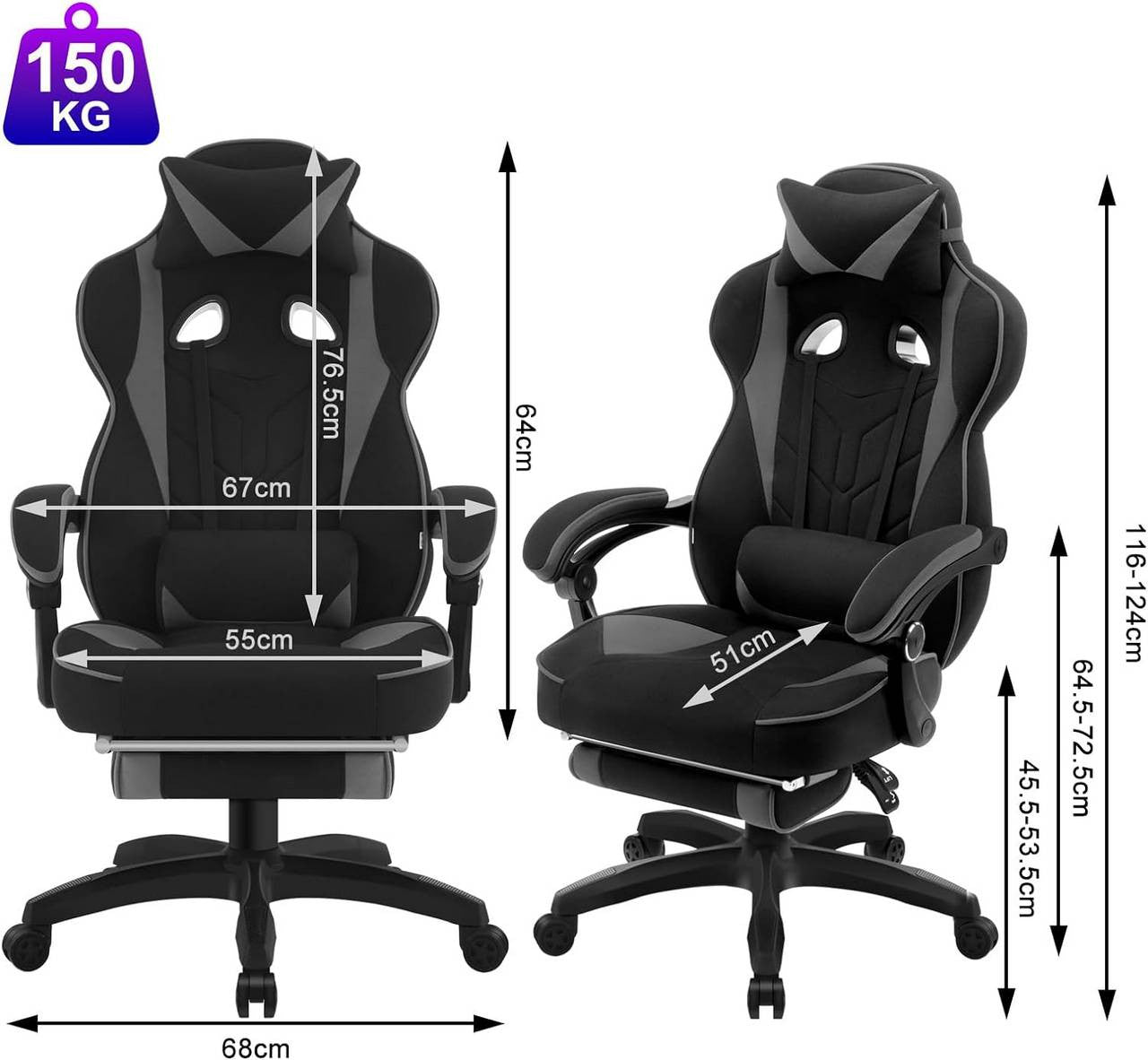 24goodz Gaming Chair - Breathable Fabric for Comfort - Ergonomic Design - Elastic Fabric - Grey