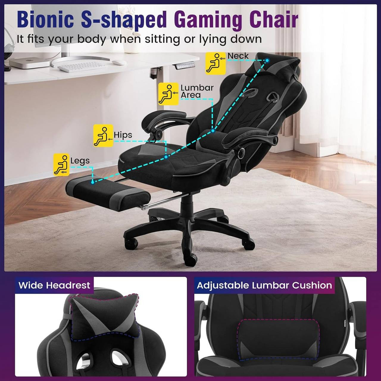 24goodz Gaming Chair - Breathable Fabric for Comfort - Ergonomic Design - Elastic Fabric - Grey
