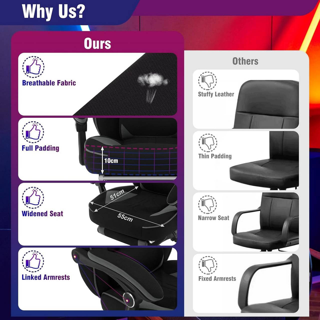 24goodz Gaming Chair - Breathable Fabric for Comfort - Ergonomic Design - Elastic Fabric - Grey