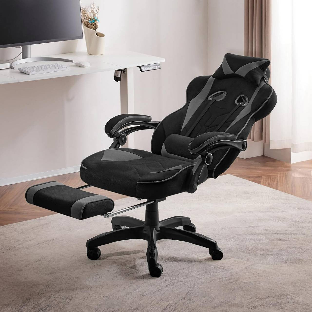 24goodz Gaming Chair - Breathable Fabric for Comfort - Ergonomic Design - Elastic Fabric - Grey