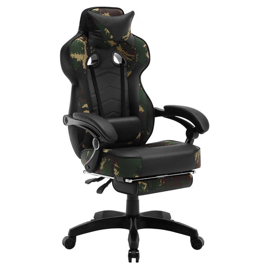 24goodz Gaming Chair with Headrest, Lumbar Support and Footrest - Adjustable Comfort - Ergonomic Design - PU Leather - For Gamers - Black + Camouflage - cm