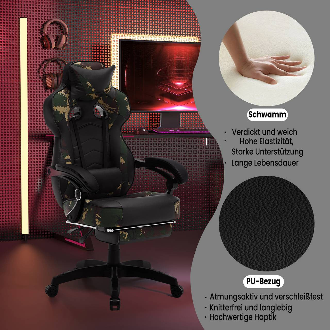 24goodz Gaming Chair with Headrest, Lumbar Support and Footrest - Adjustable Comfort - Ergonomic Design - PU Leather - For Gamers - Black + Camouflage - cm
