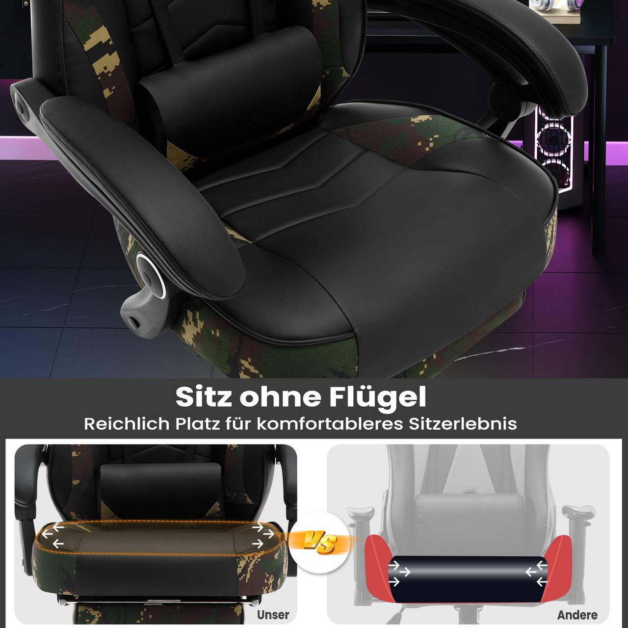 24goodz Gaming Chair with Headrest, Lumbar Support and Footrest - Adjustable Comfort - Ergonomic Design - PU Leather - For Gamers - Black + Camouflage - cm