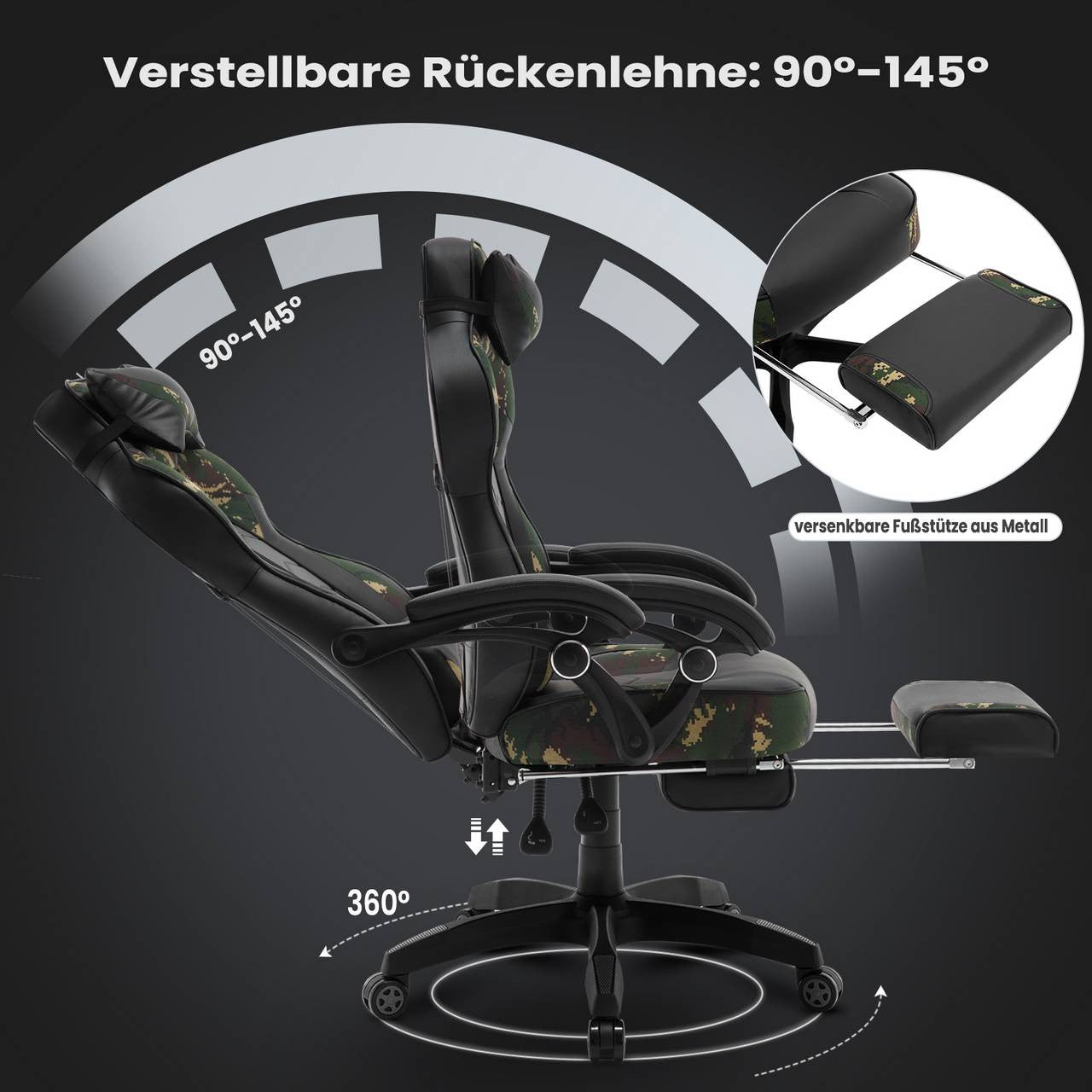 24goodz Gaming Chair with Headrest, Lumbar Support and Footrest - Adjustable Comfort - Ergonomic Design - PU Leather - For Gamers - Black + Camouflage - cm