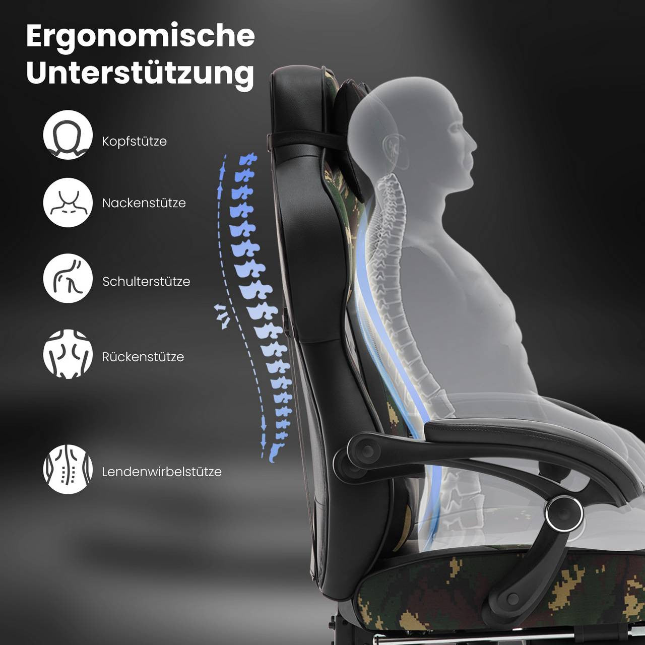 24goodz Gaming Chair with Headrest, Lumbar Support and Footrest - Adjustable Comfort - Ergonomic Design - PU Leather - For Gamers - Black + Camouflage - cm