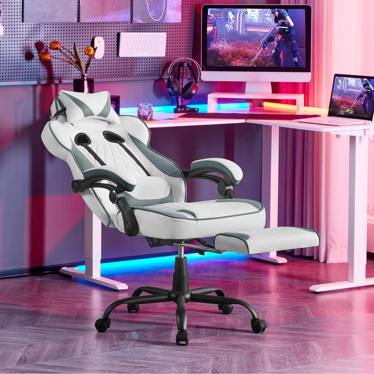 24goodz Gaming Chair with Pocket Spring Cushion - Enhanced Comfort - Durable Leather Fabric - Metal - For Gamers - Black + Blue