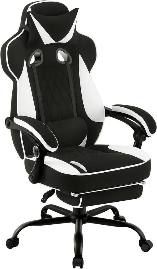 24goodz Gaming Chair with Pocket Spring Cushion - Ergonomic Design - Adjustable Footrest - Mesh and Metal - For Gamers - Black + White