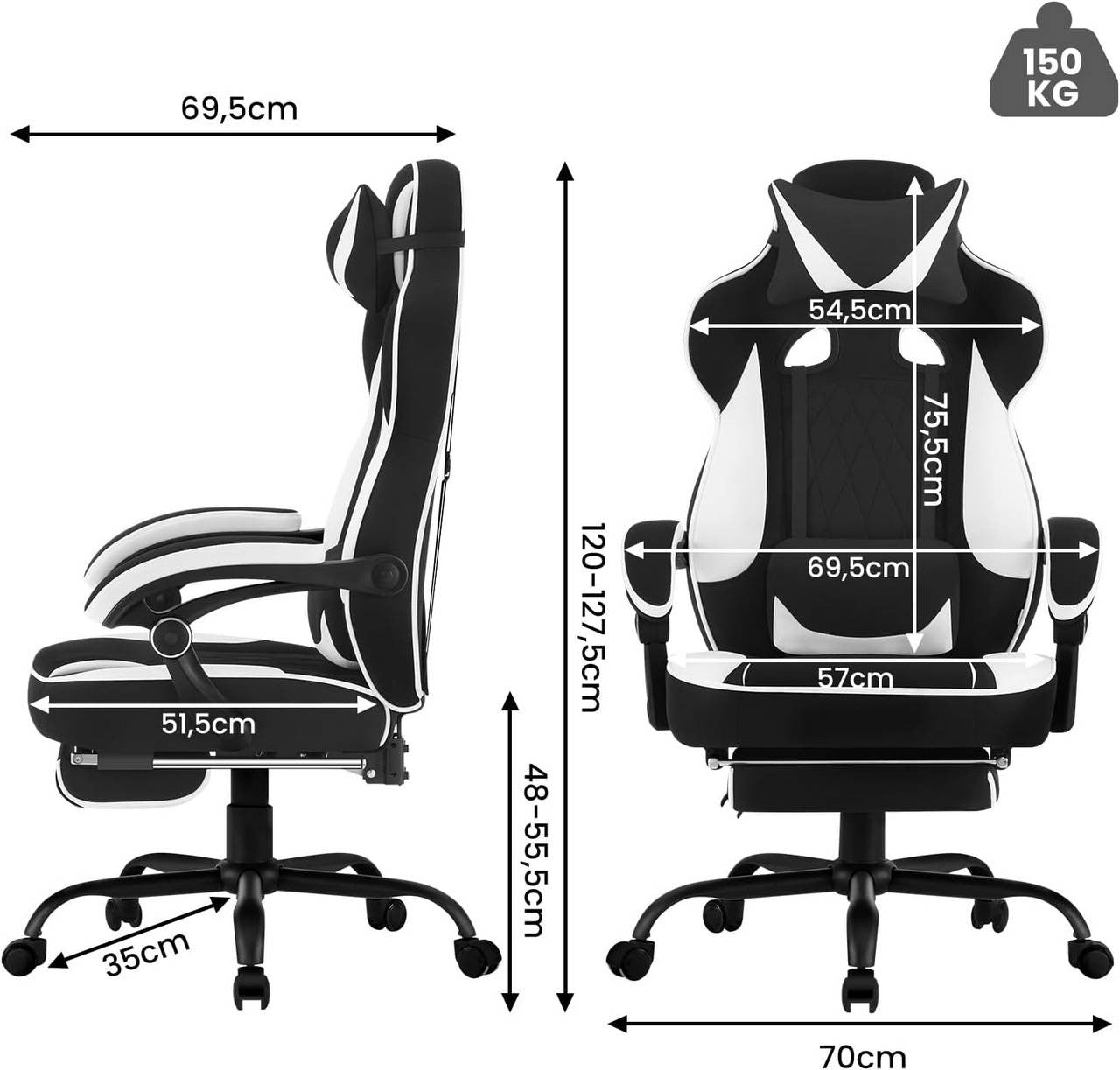 24goodz Gaming Chair with Pocket Spring Cushion - Ergonomic Design - Adjustable Footrest - Mesh and Metal - For Gamers - Black + White