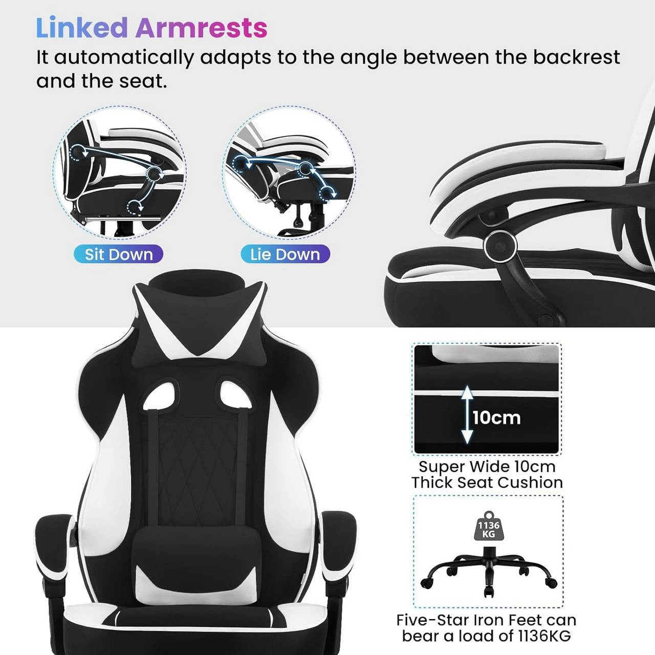 24goodz Gaming Chair with Pocket Spring Cushion - Ergonomic Design - Adjustable Footrest - Mesh and Metal - For Gamers - Black + White