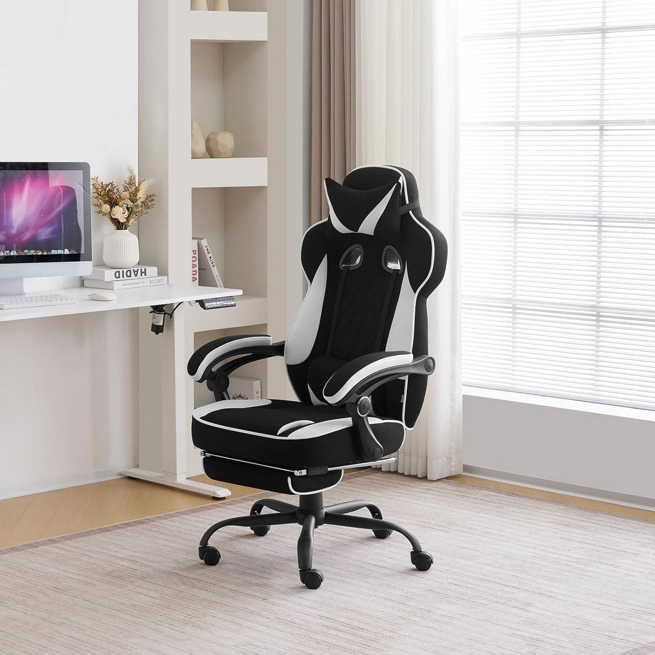 24goodz Gaming Chair with Pocket Spring Cushion - Ergonomic Design - Adjustable Footrest - Mesh and Metal - For Gamers - Black + White