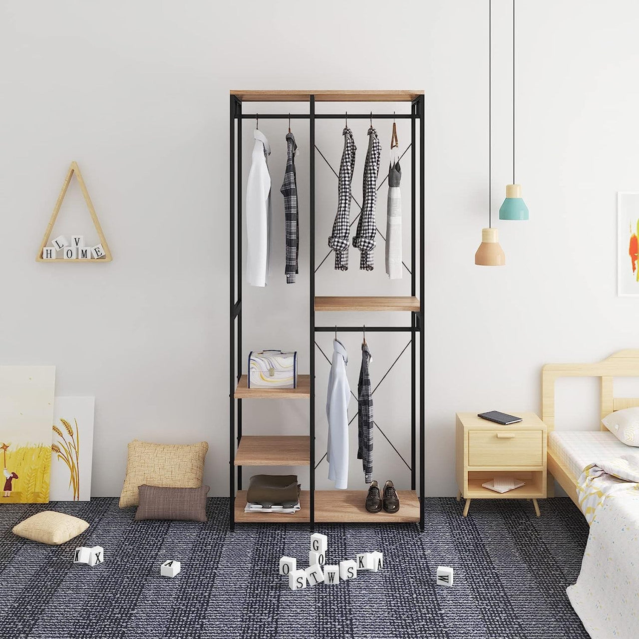 24goodz Clothing Rack with Shelf - Practical Storage Solution - Durable MDF and Steel - Indoor Use - Black Oak Light - hei