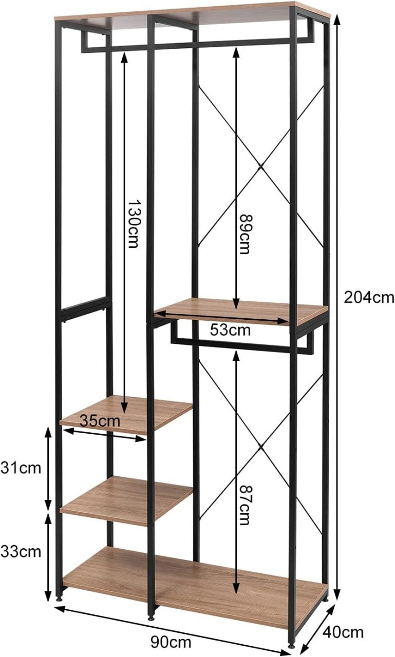 24goodz Clothing Rack with Shelf - Practical Storage Solution - Durable MDF and Steel - Indoor Use - Black Oak Light - hei