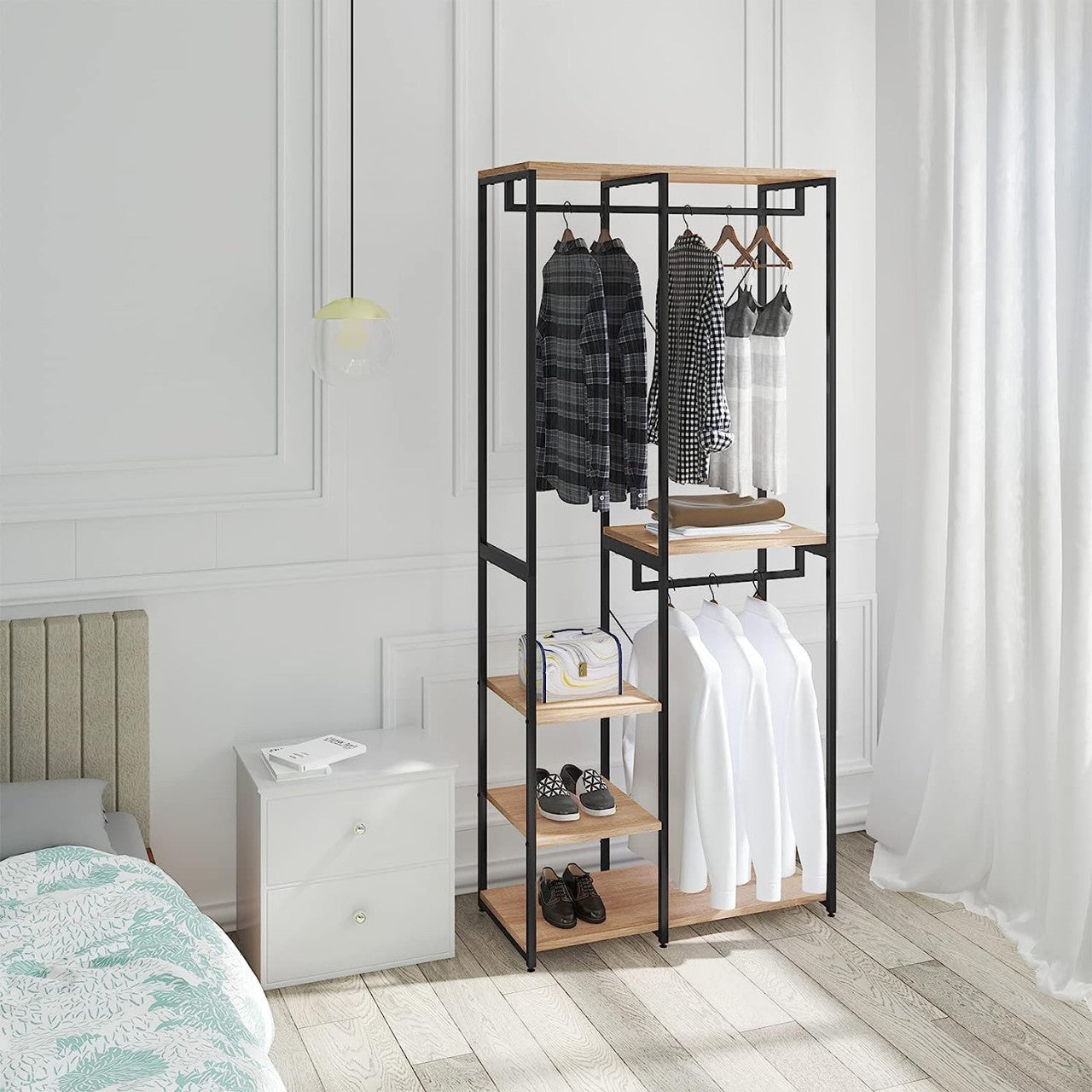 24goodz Clothing Rack with Shelf - Practical Storage Solution - Durable MDF and Steel - Indoor Use - Black Oak Light - hei