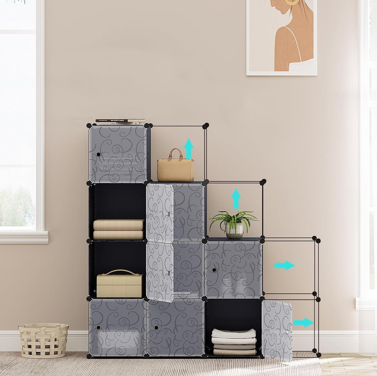 24goodz Modular Wardrobe - Ample Storage Space - Easy DIY Assembly - PP + Steel - Black - 111 x 111 x 35 cm - sz