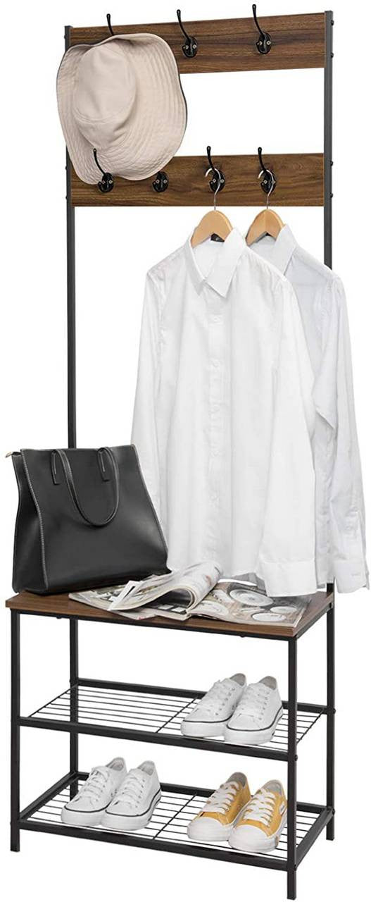 24goodz Coat Rack and Shoe Bench - 3-in-1 Design - Sturdy Metal Frame - MDF - For Entryways - Dark Wood Look - dc