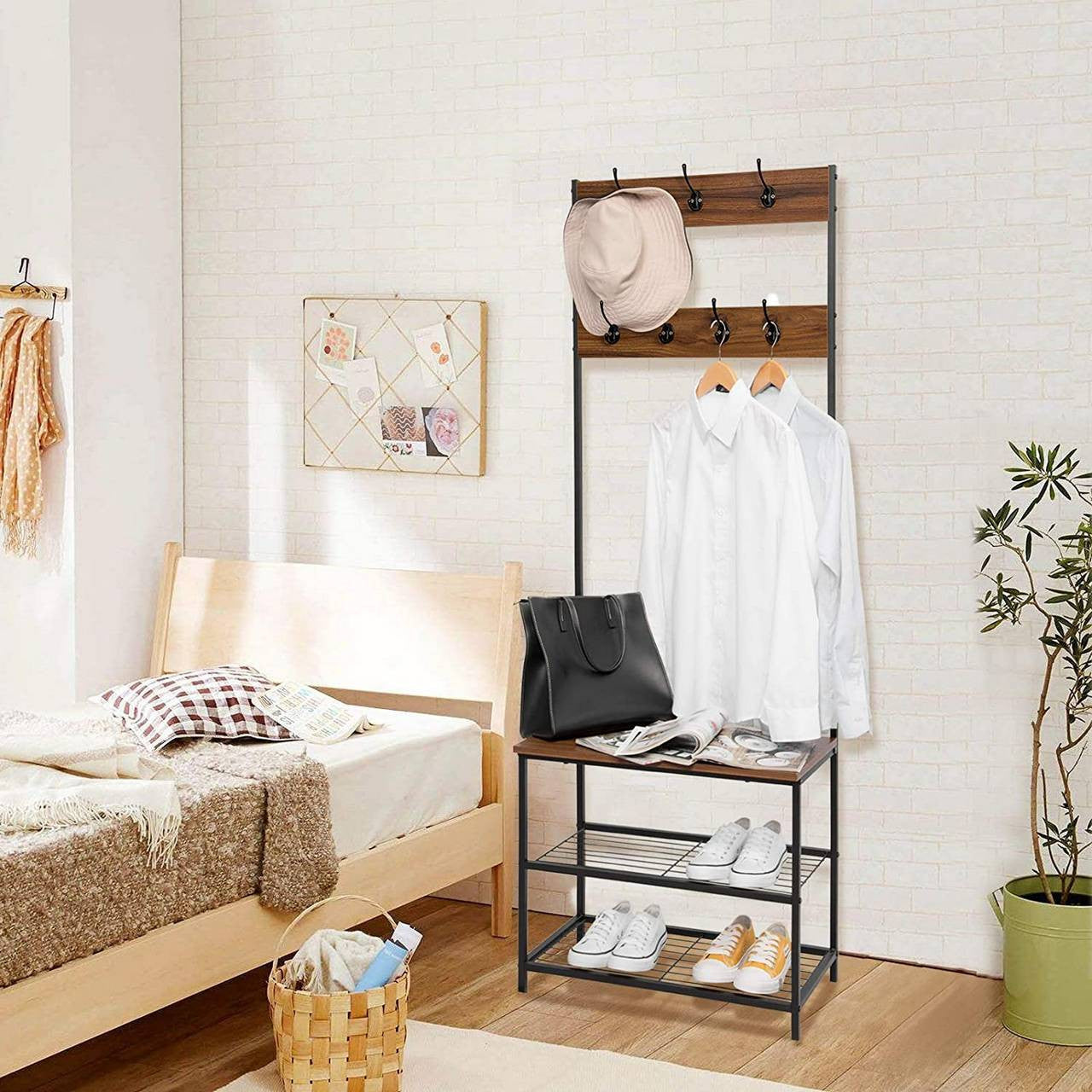 24goodz Coat Rack and Shoe Bench - 3-in-1 Design - Sturdy Metal Frame - MDF - For Entryways - Dark Wood Look - dc