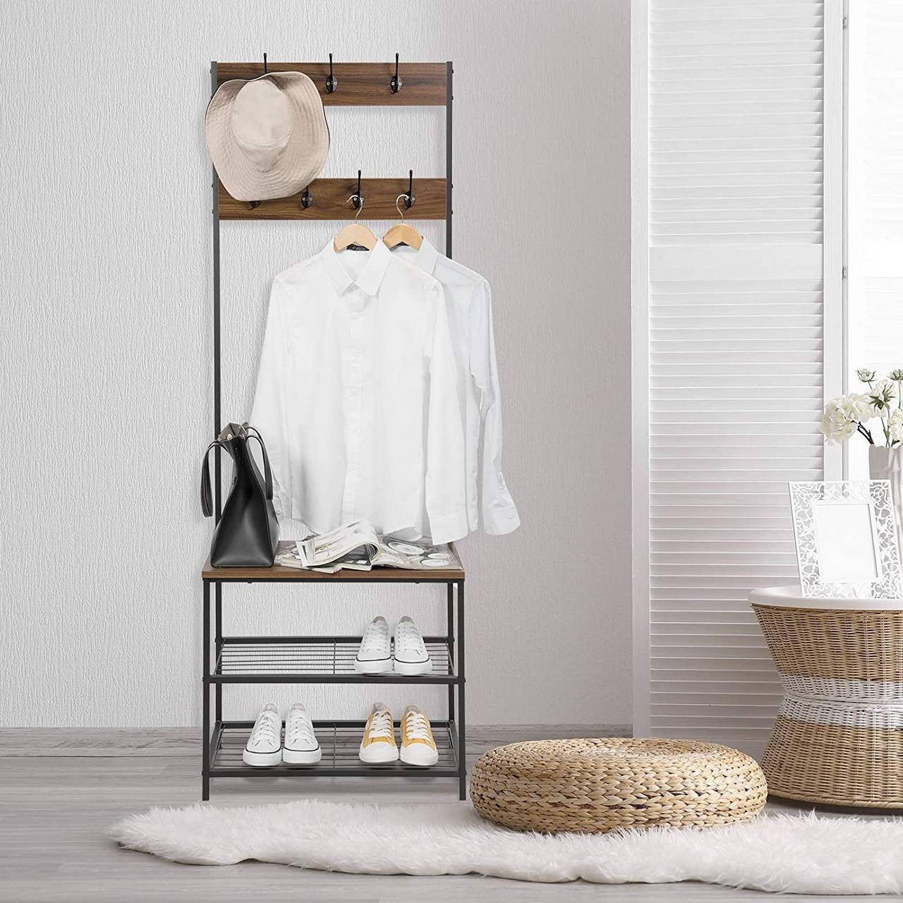 24goodz Coat Rack and Shoe Bench - 3-in-1 Design - Sturdy Metal Frame - MDF - For Entryways - Dark Wood Look - dc