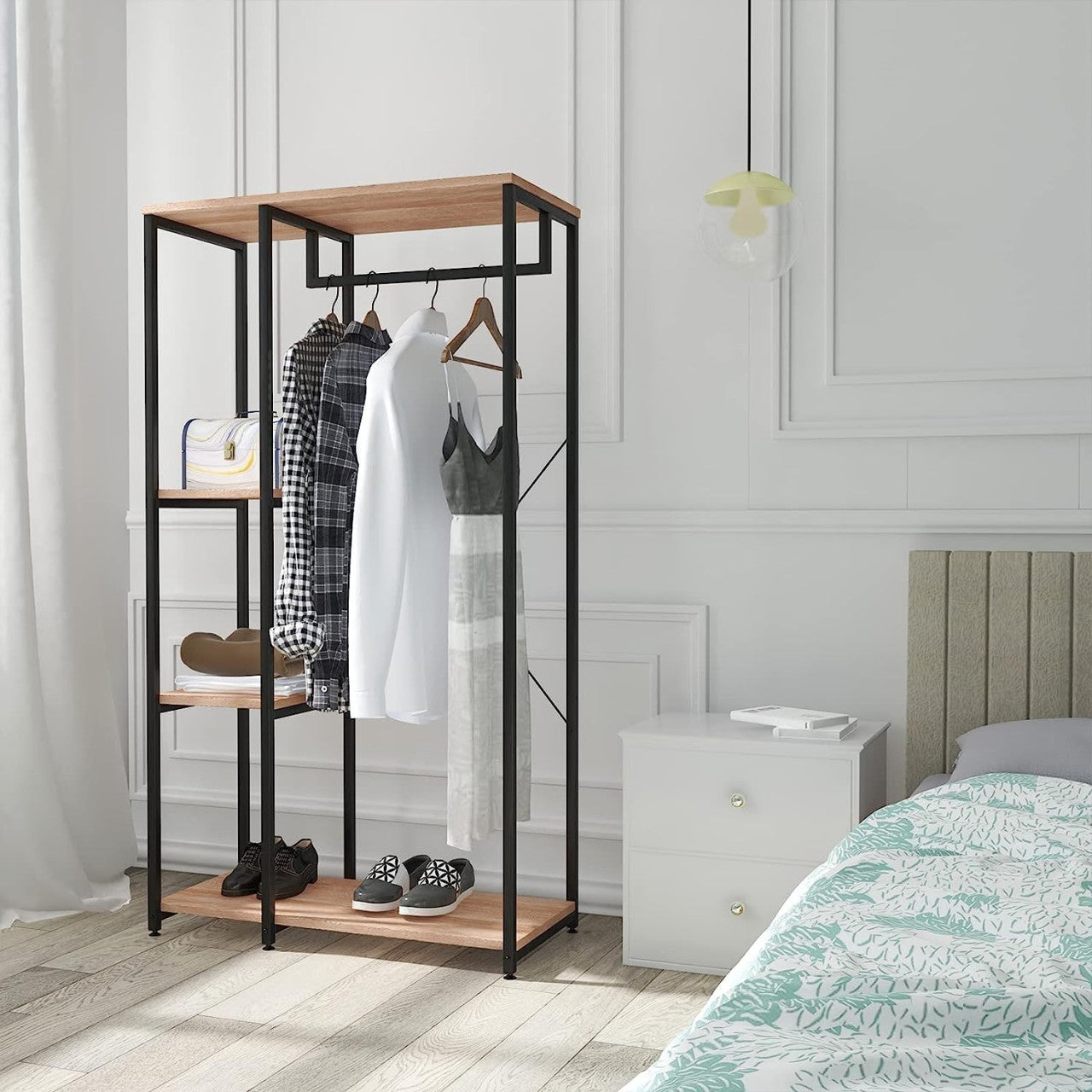 24goodz Coat Rack & Shoe Shelf with Shelf - Multifunctional Design - High-Quality MDF and Steel - For Home Organization - Black Oak - hei