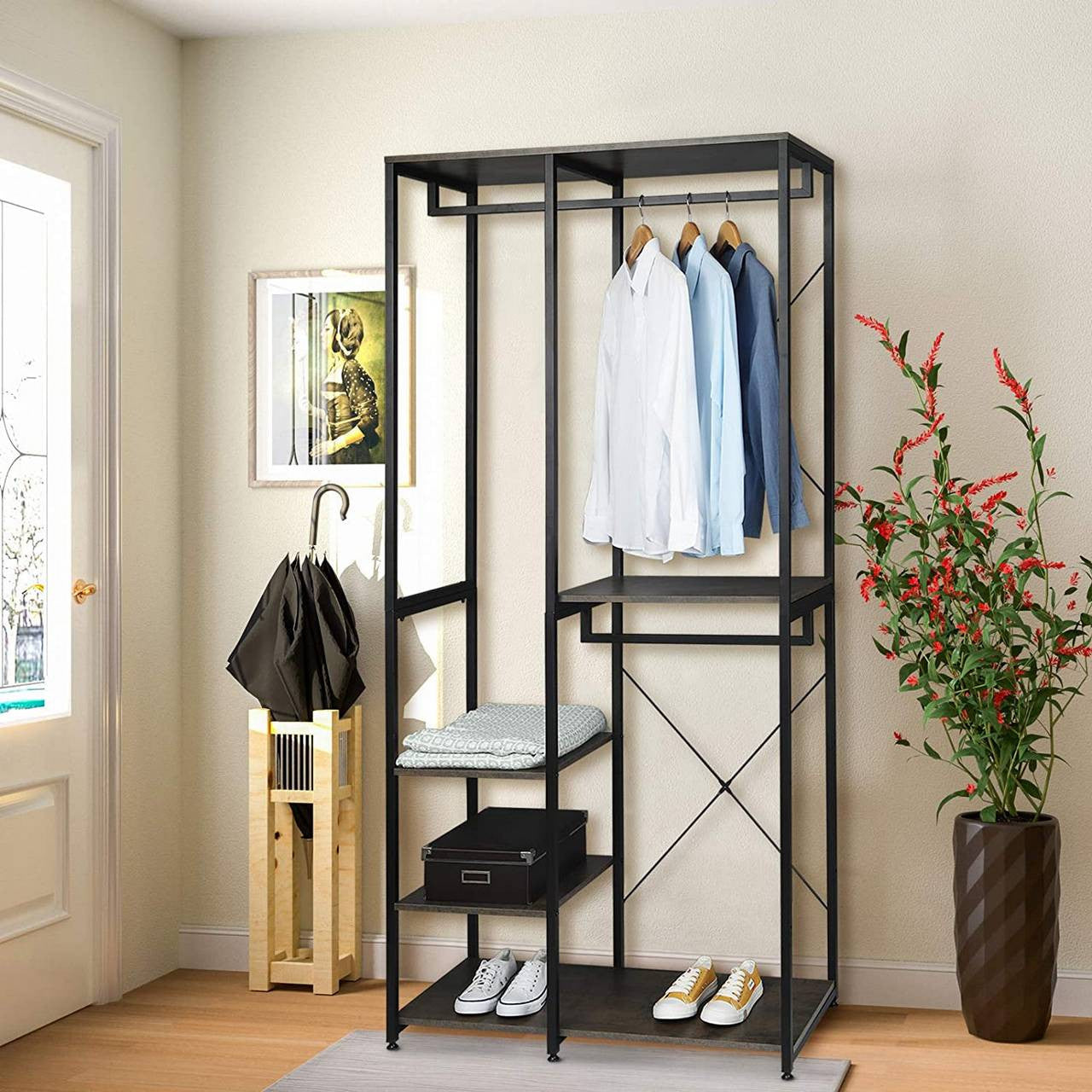 24goodz Clothing Rack with Shelf - Practical Storage Solution - Durable MDF and Steel - Indoor Use - Black + Rust - srs