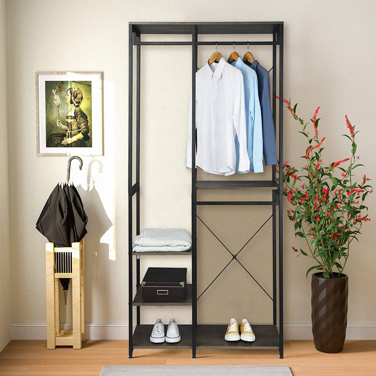24goodz Clothing Rack with Shelf - Practical Storage Solution - Durable MDF and Steel - Indoor Use - Black + Rust - srs