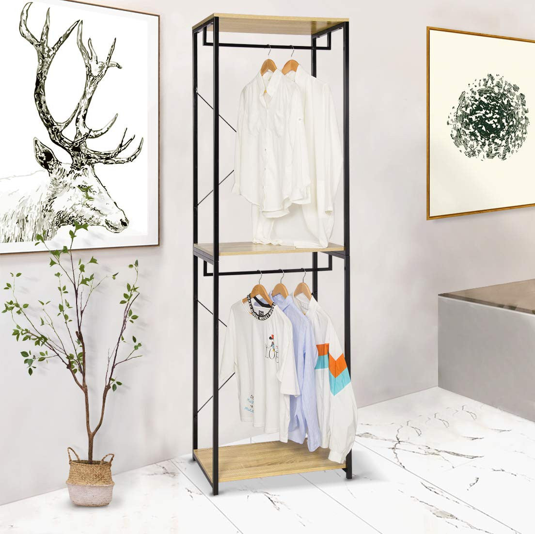 24goodz Wooden and Metal Coat Rack with Shelf - Multifunctional Design - High Storage Capacity - MDF - Indoor Use - Black + Light Oak - hei