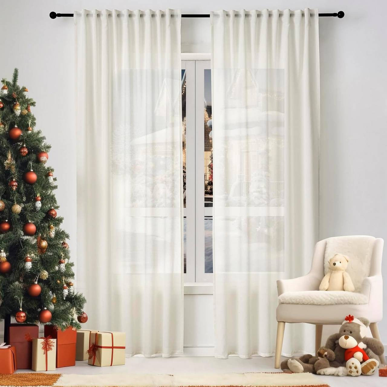 24goodz Elegant Semi-Transparent Curtains - Breathable Fabric - 100% Polyester - For Living Room and Bedroom - Cream - 135x175 cm
