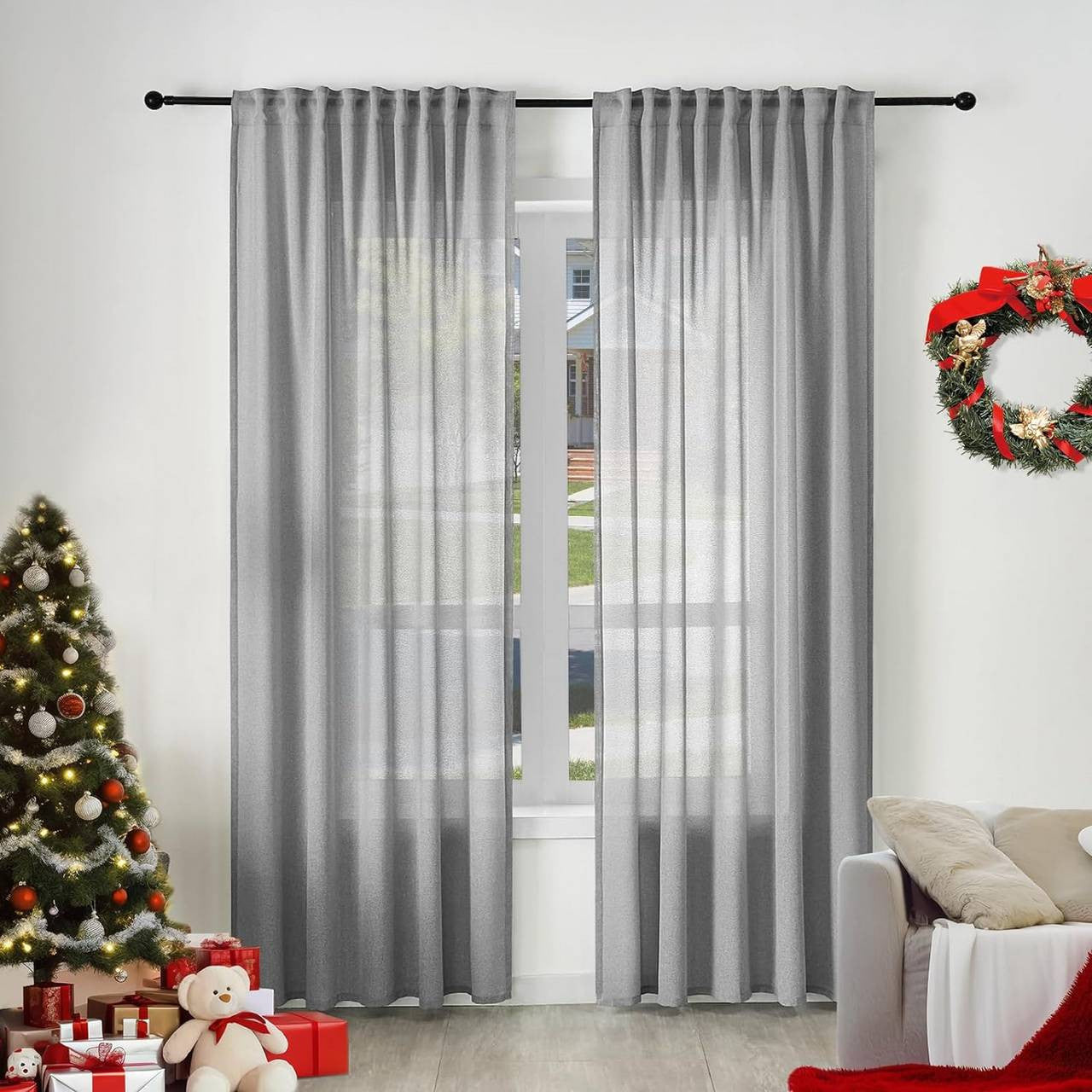 24goodz Elegant Semi-Transparent Curtains - Breathable and Light-Filtering - 100% Polyester - For Living Room and Bedroom - Grey 135x175 cm