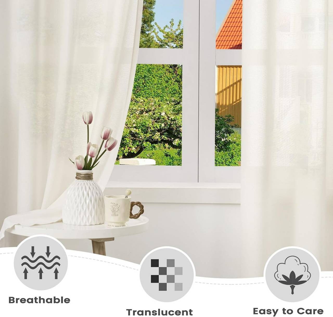 24goodz Elegant Semi-Transparent Curtains - Breathable and Light-Filtering - 100% Polyester - For Home Decor - Cream - 135x225 cm