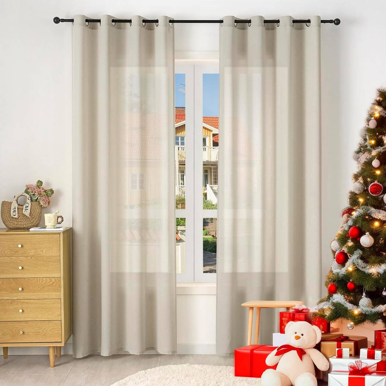 24goodz Semi-Transparent Curtain Set - Elegant Design - Easy to Maintain - 100% Polyester - For Living Room and Bedroom - Sand 135x225 cm