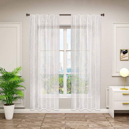 24goodz Transparent Floral Embroidered Curtains with Ruffle Tape - Elegant and Romantic Style - 100% Polyester - Beige - 140x245 cm